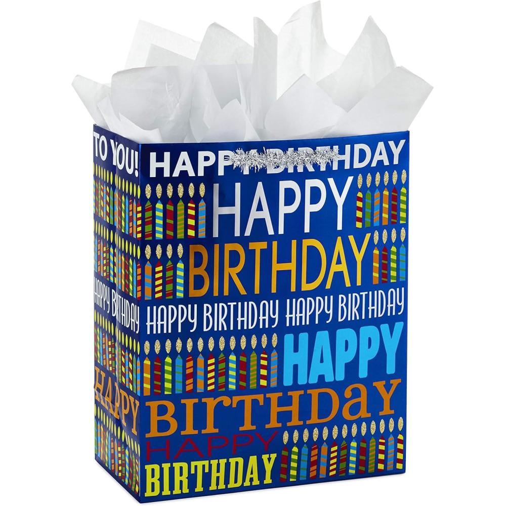 imageHallmark Signature Studio 10quot Large Square Gift Bag with Tissue Paper Happy Birthday Teal Gray Pink Blue on WhiteBlue Happy Birthday