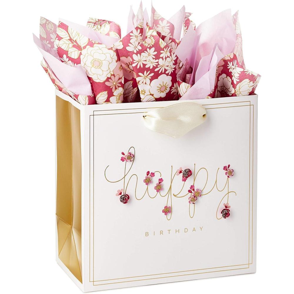 imageHallmark Signature Studio 7quot Medium Square Birthday Gift Bag with Tissue Paper Blush Pink Gold Foil Happy Birthday for Wife Daughter Sister Aunt TeenPink Flowers