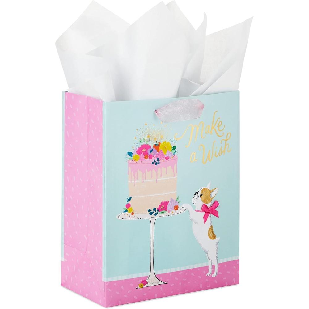 imageHallmark Signature Studio 7quot Medium Square Birthday Gift Bag with Tissue Paper Blush Pink Gold Foil Happy Birthday for Wife Daughter Sister Aunt TeenDog with Cake