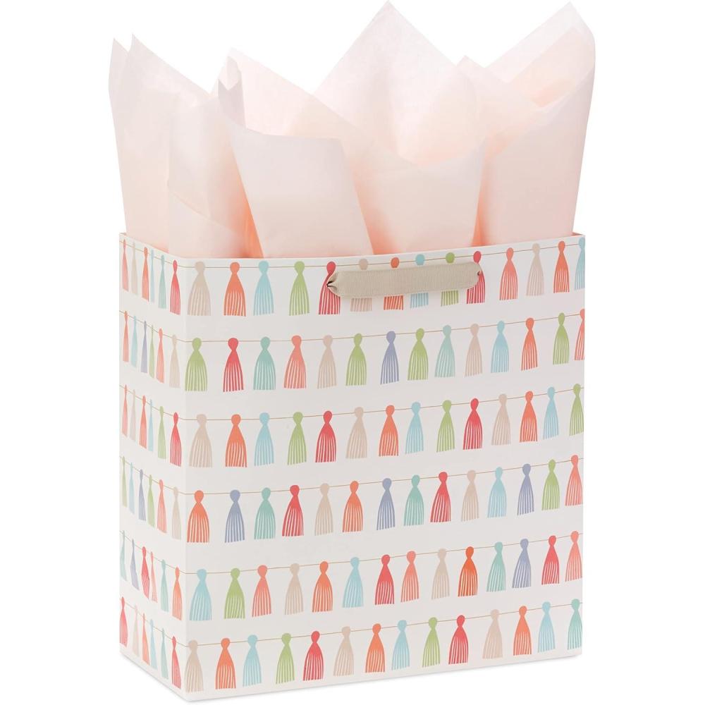 imageHallmark Signature Studio 7quot Medium Square Gift Bag with Tissue Paper Abstract Brushstrokes Peach Mint Green Teal for Easter Birthdays Bridal Showers and MoreRainbow Tassels