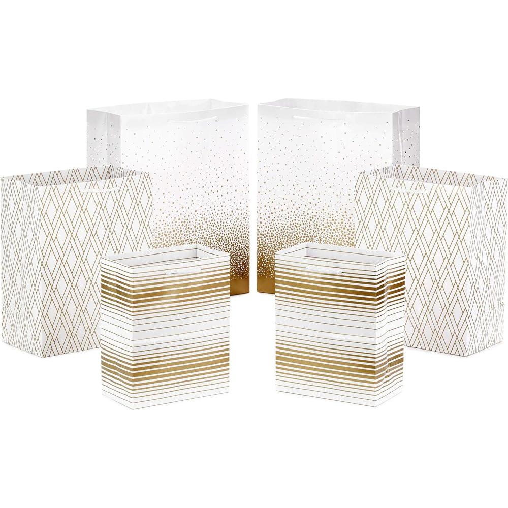 imageHallmark Silver Gift Bag Assortment  Diamonds Stripes Dots Pack of 6 2 Medium 9quot 2 Large 11quot 2 Extra Large 14quot for Birthdays Mothers Day Weddings Bridal Showers Any OccasionGold  White