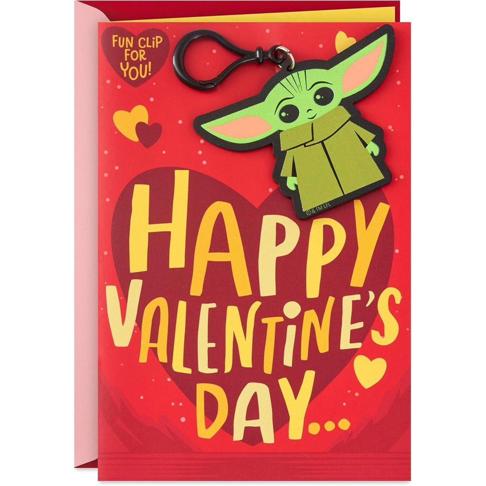 imageHallmark Star Wars Valentines Day Card for Kid with Removable Backpack Clip Baby Yoda May the 4thDay Card