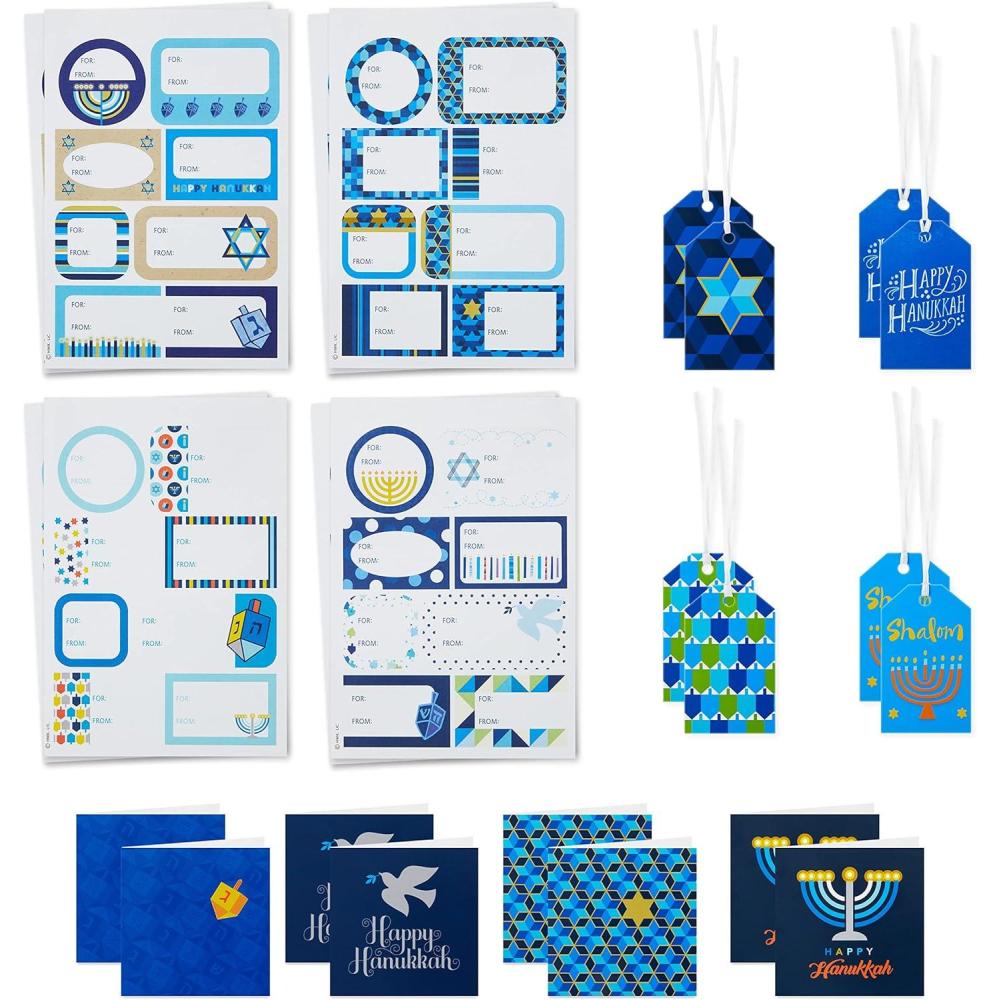 imageHallmark Tree of Life Hanukkah Gift Tags with Ribbon Sticker Seals and Mini Notecards Star of David Menorah Dreidel Blue Gold Orange for Gift Bags and Wrapped Presents