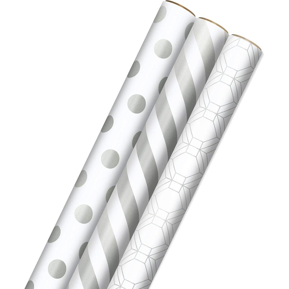 imageHallmark White and Gold Wrapping Paper Rolls for Graduation Birthday Wedding Bridal Shower All Occasion  Brown Kraft Gift Wrap Set of 3 Reversible Rolls 75 sq ft ttlMetallic White and Silver