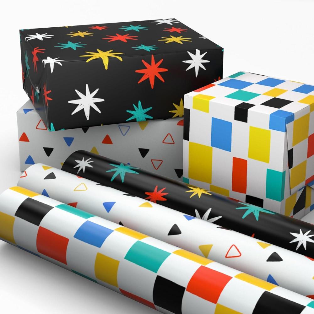 imageHallmark Wrapping Paper Mini Rolls 3Pack Stripes Wildflowers Pink Polka Dots for Birthdays Mothers Day Bridal Showers Any Occasion  45 Sq Ft TotalCheckered  Triangles  Starbursts