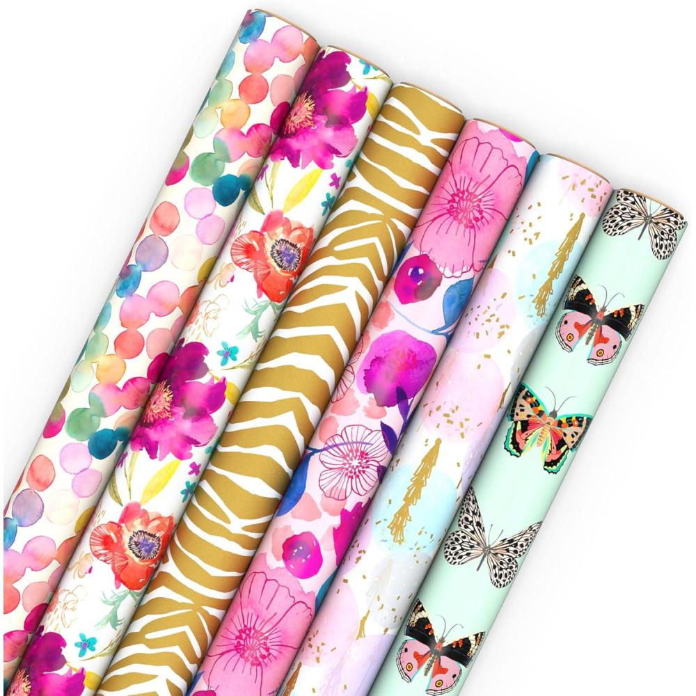 imageHallmark Wrapping Paper Rolls for Birthday Bridal Shower Baby Shower Gift Wrap Paper Set of 6 Rolls 180 sq ft ttl Butterflies Gold Animal Print Pink Flowers for All OccasionsWatercolor Dots  Floral  Gold Zebra  Pastel Balloons  Butterflies