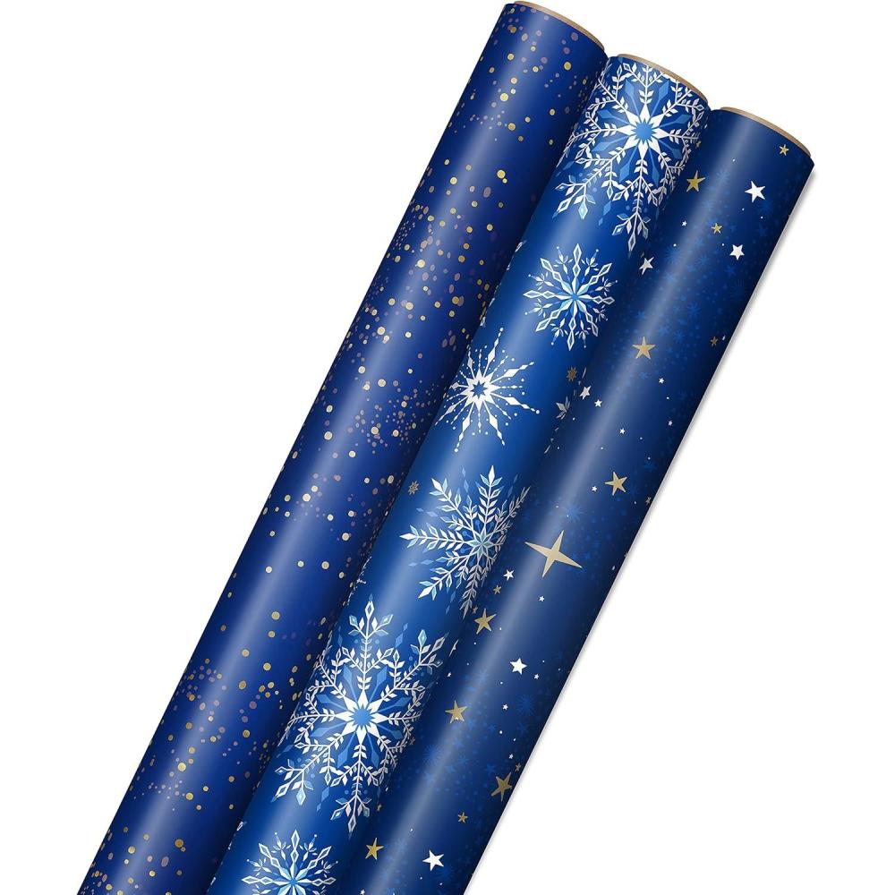 imageHallmark Wrapping Paper Rolls for Graduation Wedding Birthday Baby Shower Bridal Shower  Foil Metallic Pastel Gift Wrap Paper Set of 3 Reversible Rolls 120 sq ft ttlNavy Dots  Snowflakes  Stars