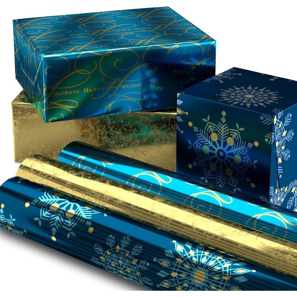 imageHallmark Wrapping Paper Rolls for Graduation Wedding Birthday Baby Shower Bridal Shower  Foil Metallic Pastel Gift Wrap Paper Set of 3 Reversible Rolls 120 sq ft ttlNavy Blue Snowflakes  Gold  Happy Holidays