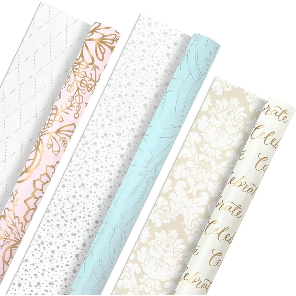 imageHallmark Wrapping Paper Rolls for Weddings Bridal Showers Birthdays  Gold and White Gift Wrap Paper Set of 3 Rolls 105 sq ft ttl Metallic Striped and Polka Dot for All OccasionsMetallic Celebrate