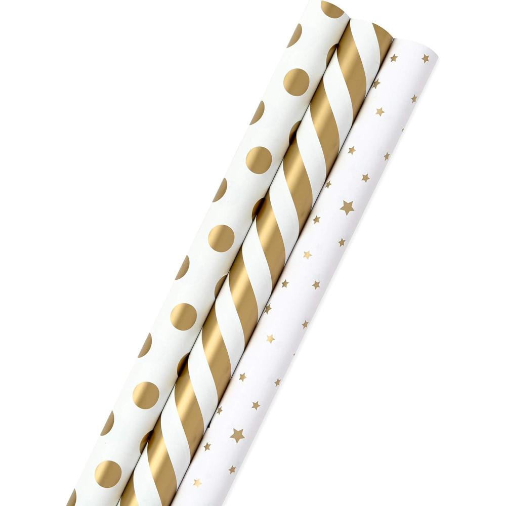 imageHallmark Wrapping Paper Rolls for Weddings Bridal Showers Birthdays  Gold and White Gift Wrap Paper Set of 3 Rolls 105 sq ft ttl Metallic Striped and Polka Dot for All OccasionsWhite and Gold