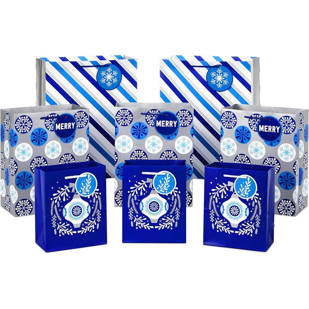 imageImage Arts Assorted Christmas Gift Bags Bulk  Blue Plaid Snowman Deer Tree Snowflakes 16 Bags 6 Small 5quot 6 Medium 8quot 2 Large 11quot 2 XL 14quot for Holiday Parties Hanukkah WeddingsHoliday Gift Bags