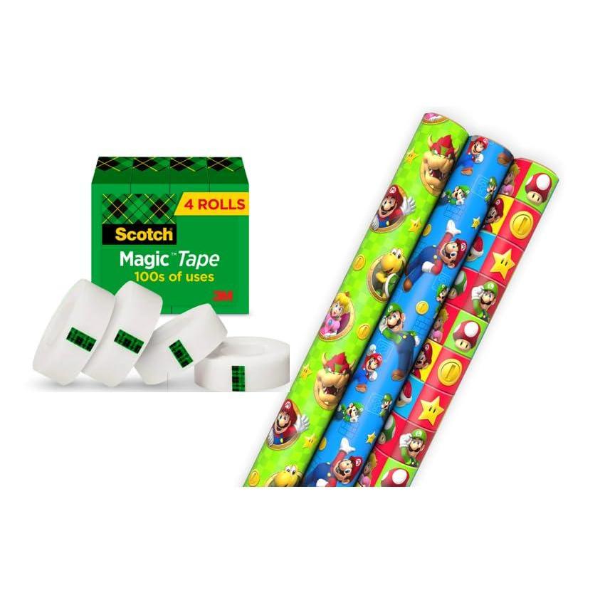 imageScotch Magic Tape and Hallmark Nintendo Super Mario Wrapping Paper Rolls 4 Rolls of Tape with Set of 3 Gift Wrap Rolls for Birthdays Christmas Any OccasionTape  Wrapping Paper