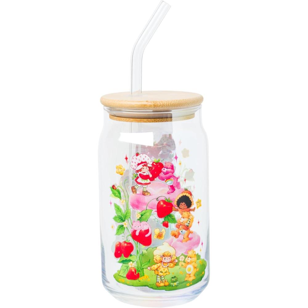 imageSilver Buffalo Rainbow Brite Balloon Glass Tumbler with Bamboo Lid and Glass Straw 16 OuncesCare Bears and Strawberry Shortcake