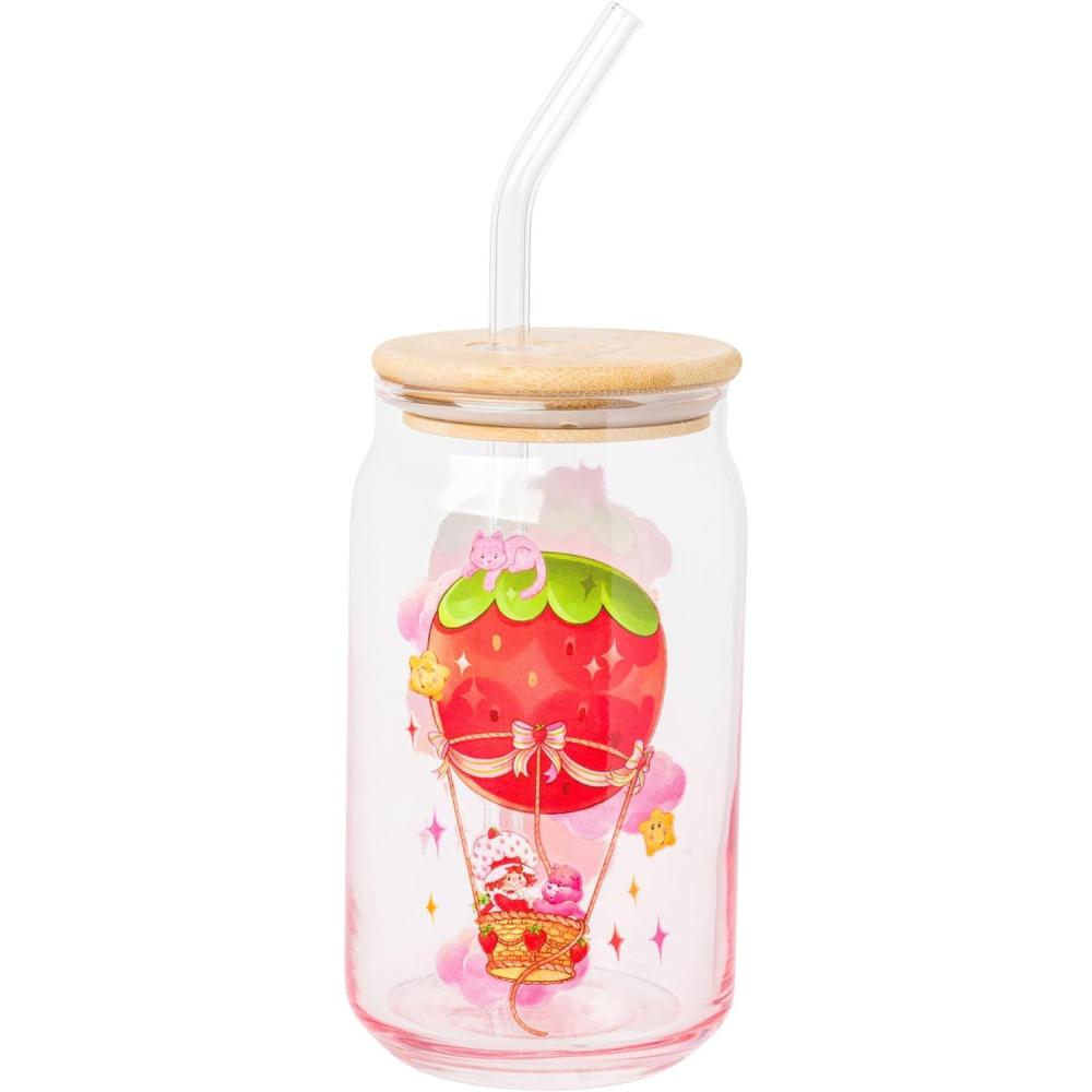 imageSilver Buffalo Rainbow Brite Balloon Glass Tumbler with Bamboo Lid and Glass Straw 16 OuncesStrawberry Shortcake and Cheer Bear