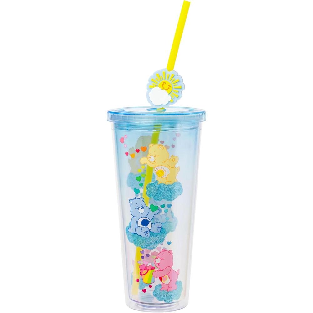 imageSilver Buffalo Rainbow Brite Plastic Cold Cup with Lid and Straw Topper 24 OuncesCare Bears Happy Sunshine