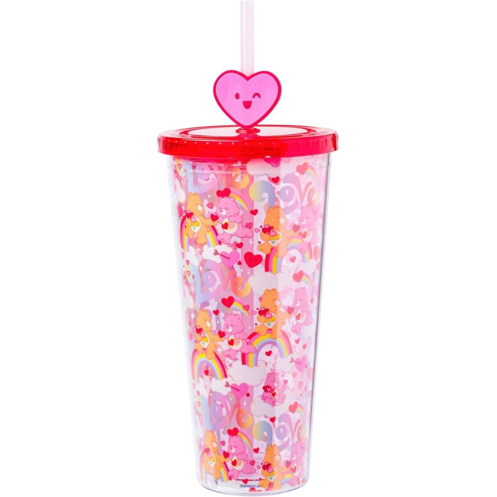 imageSilver Buffalo Rainbow Brite Plastic Cold Cup with Lid and Straw Topper 24 OuncesCare Bears Love Rainbow Hearts