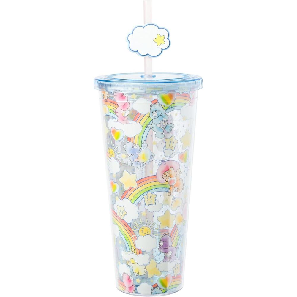 imageSilver Buffalo Rainbow Brite Plastic Cold Cup with Lid and Straw Topper 24 OuncesCare Bears Rainbow Watercolor