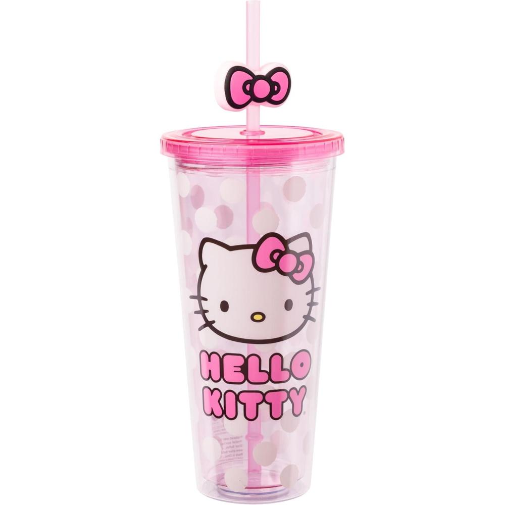 imageSilver Buffalo Rainbow Brite Plastic Cold Cup with Lid and Straw Topper 24 OuncesHello Kitty Bow and Pink Polka Dots