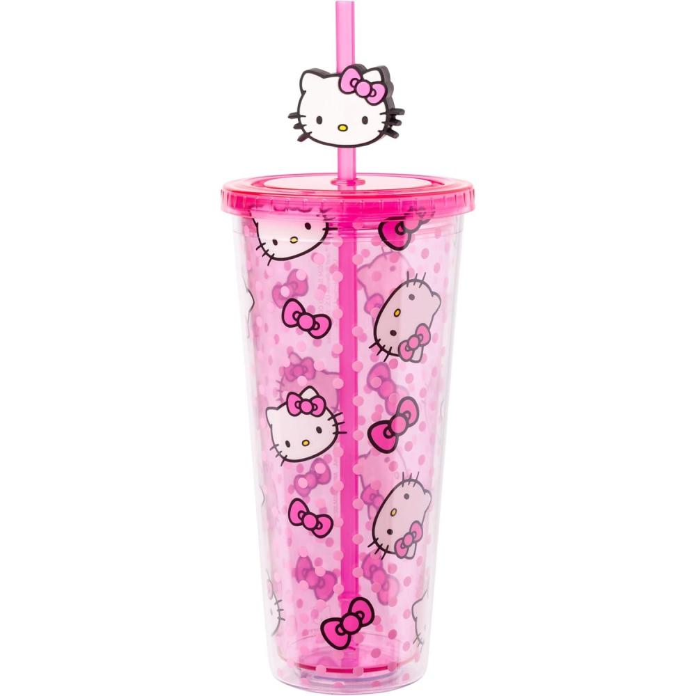 imageSilver Buffalo Rainbow Brite Plastic Cold Cup with Lid and Straw Topper 24 OuncesHello Kitty and Bows