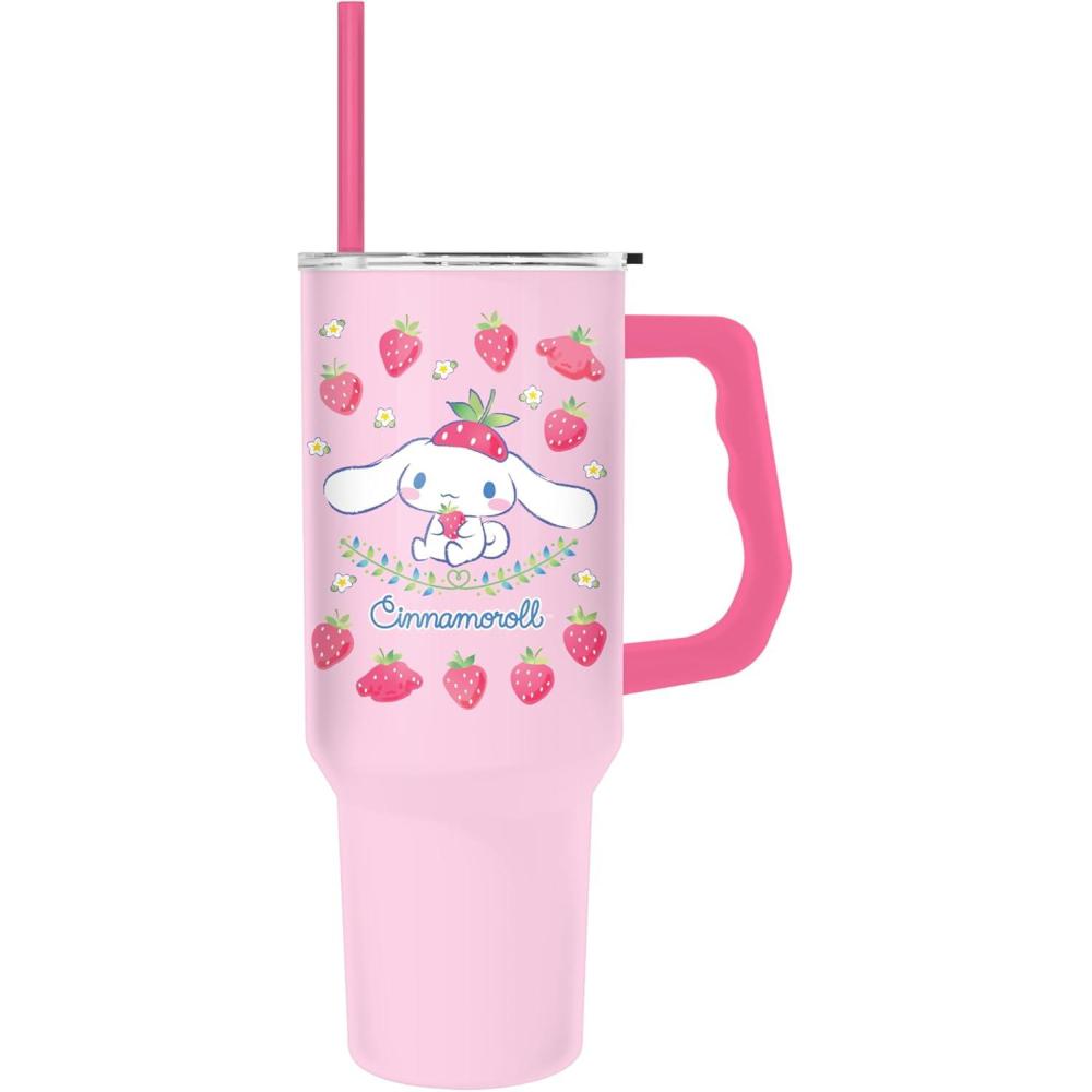 imageSilver Buffalo Rainbow Brite and Twink Sparkle Stainless Steel Tumbler with Handle and Straw Fits in Standard Cup Holder 40 OuncesCinnamoroll Strawberry and Flowers