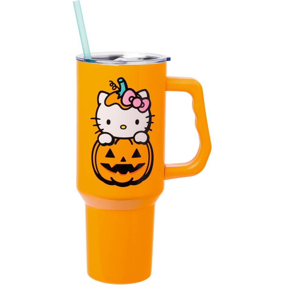 imageSilver Buffalo Rainbow Brite and Twink Sparkle Stainless Steel Tumbler with Handle and Straw Fits in Standard Cup Holder 40 OuncesHello Kitty JackOLantern
