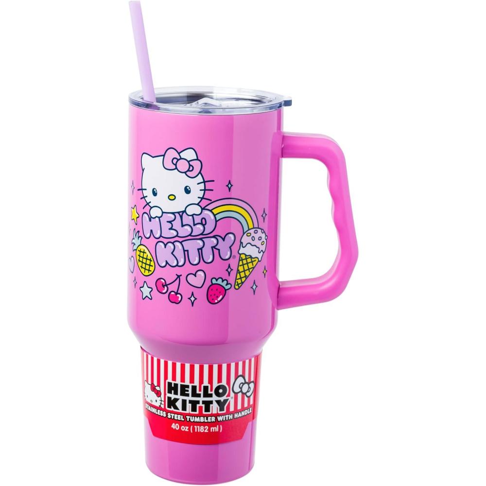 imageSilver Buffalo Rainbow Brite and Twink Sparkle Stainless Steel Tumbler with Handle and Straw Fits in Standard Cup Holder 40 OuncesHello Kitty Kawaii Summer