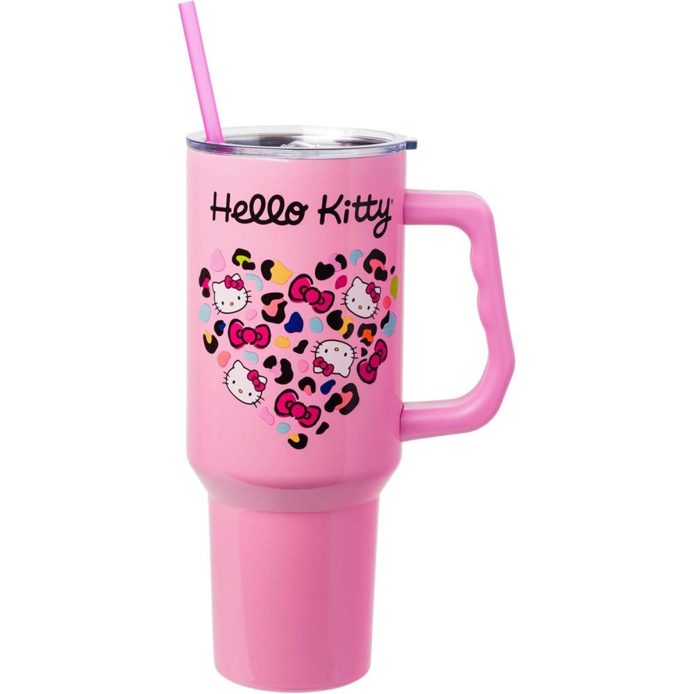 imageSilver Buffalo Rainbow Brite and Twink Sparkle Stainless Steel Tumbler with Handle and Straw Fits in Standard Cup Holder 40 OuncesHello Kitty Leopard Heart
