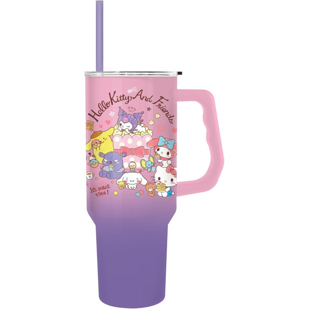 imageSilver Buffalo Rainbow Brite and Twink Sparkle Stainless Steel Tumbler with Handle and Straw Fits in Standard Cup Holder 40 OuncesHello Kitty and Friends Munching