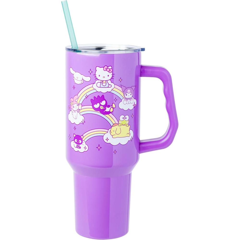 imageSilver Buffalo Rainbow Brite and Twink Sparkle Stainless Steel Tumbler with Handle and Straw Fits in Standard Cup Holder 40 OuncesHello Kitty and Friends Sliding Rainbow