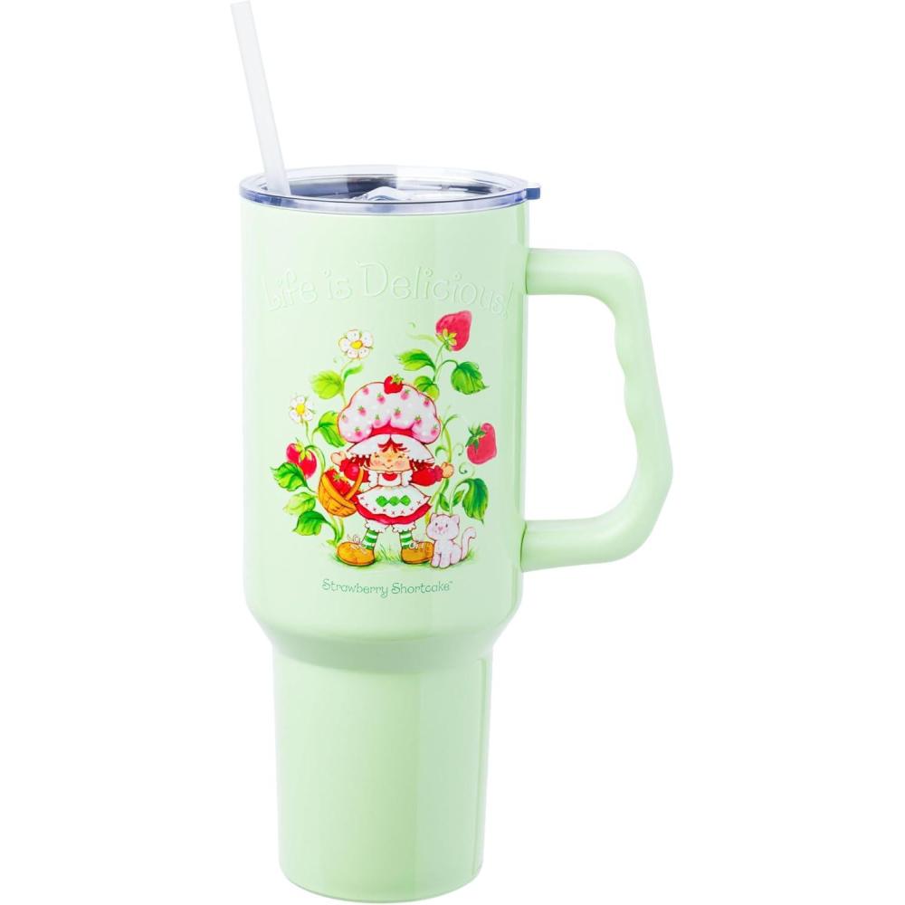imageSilver Buffalo Rainbow Brite and Twink Sparkle Stainless Steel Tumbler with Handle and Straw Fits in Standard Cup Holder 40 OuncesStrawberry Shortcake Life is Delicious