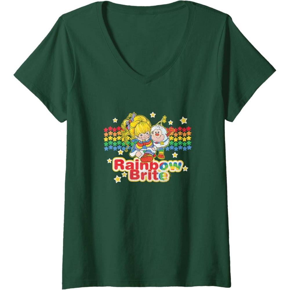 imageWomens Rainbow Brite ampamp Sprite Vintage Star Stripes Distressed Logo VNeck TShirtDark Green