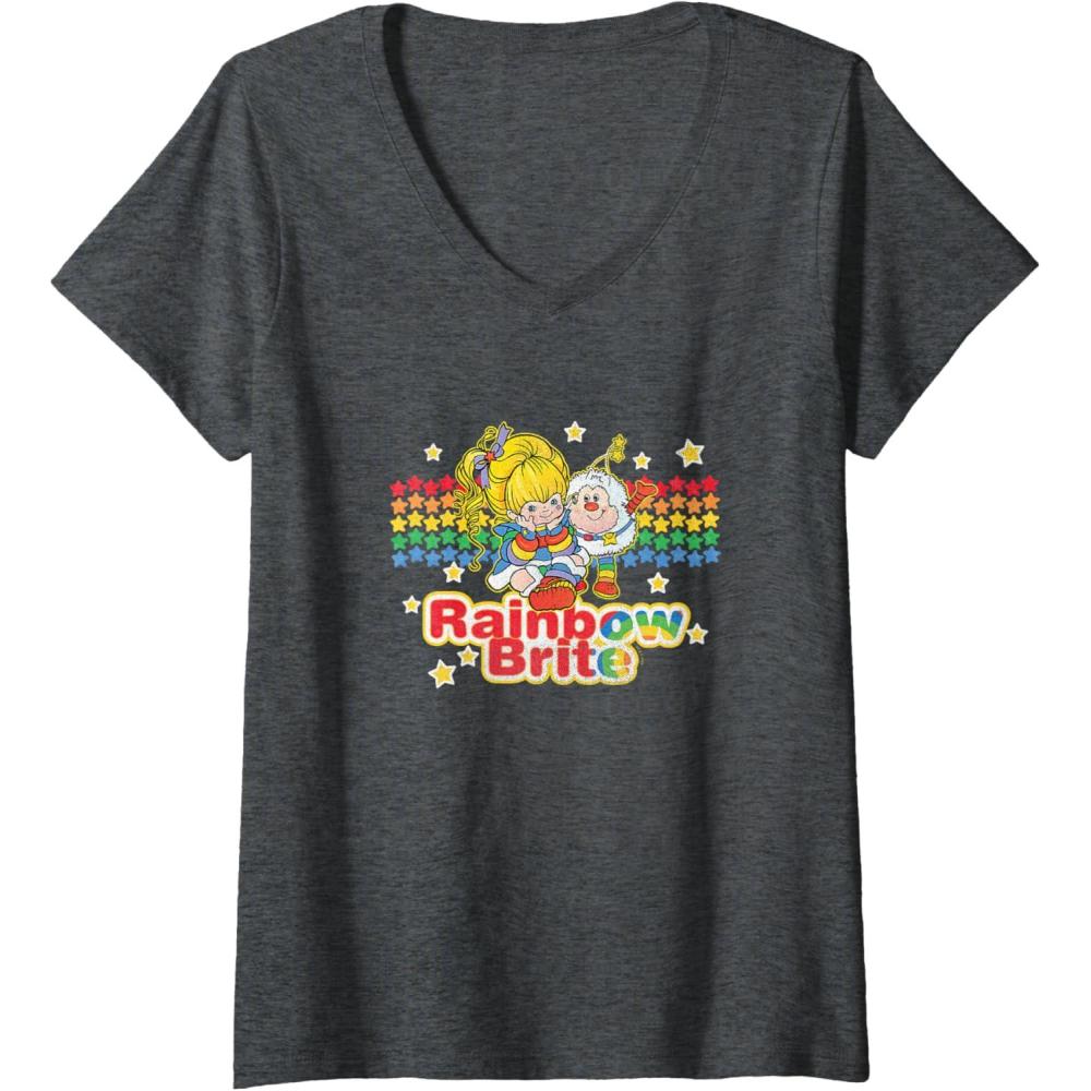 imageWomens Rainbow Brite ampamp Sprite Vintage Star Stripes Distressed Logo VNeck TShirtDark Heather Grey