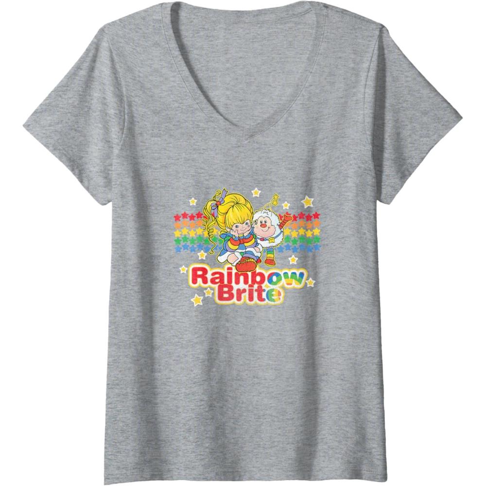 imageWomens Rainbow Brite ampamp Sprite Vintage Star Stripes Distressed Logo VNeck TShirtHeather Grey