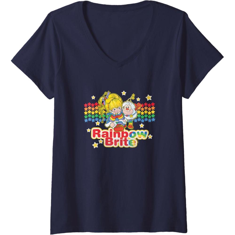 imageWomens Rainbow Brite ampamp Sprite Vintage Star Stripes Distressed Logo VNeck TShirtNavy Blue