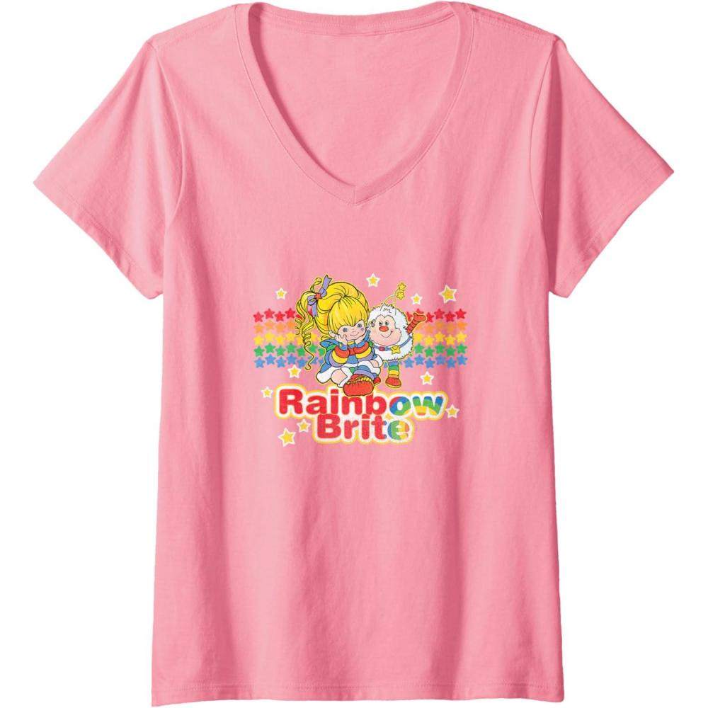 imageWomens Rainbow Brite ampamp Sprite Vintage Star Stripes Distressed Logo VNeck TShirtPink