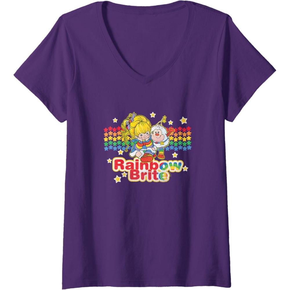 imageWomens Rainbow Brite ampamp Sprite Vintage Star Stripes Distressed Logo VNeck TShirtPurple