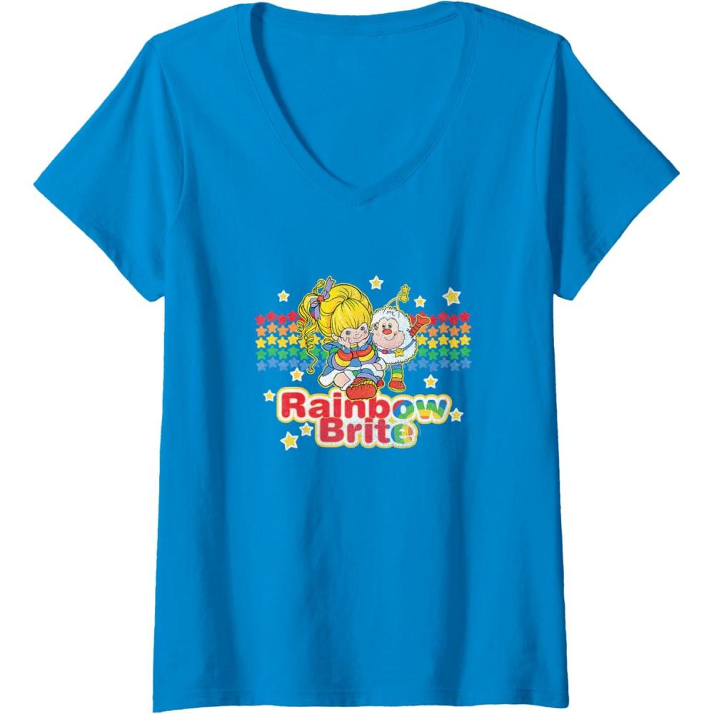 imageWomens Rainbow Brite ampamp Sprite Vintage Star Stripes Distressed Logo VNeck TShirtSapphire Blue
