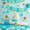 Crayola Color Pop Party Decorations Set – Blue, Purple, Teal, Green (Customizable Banner, Reversible Table Runner, Paper Fan Flowers, Paper Dots) for Birthdays, Holidays, Celebrations(Aquamarine Blue and Gold)