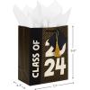 Hallmark 9″ Medium Graduation Gift Bag with Tissue Paper (Gold and Silver Mortarboards on Black) for College, High School, 8th Grade, Kindergarten, Nurses(Class of 2024)