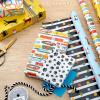 Hallmark Birthday Wrapping Paper Rolls – Balloons, Stars, Cupcakes, Blue Stripes, Solid Red Gift Wrap Paper (Set of 3 Reversible Rolls: 75 sq. ft. ttl.)(Golden Yellow  Multicolor and Light Blue)