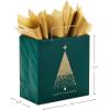 Hallmark Signature 7″ Medium Christmas Gift Bag with Tissue Paper (Hunter Green and Gold Tree, Happy Holidays) with Foil, Glitter, Metal Handle(Gold Tree on Green)