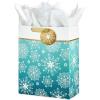 Hallmark Signature 7″ Medium Christmas Gift Bag with Tissue Paper (Hunter Green and Gold Tree, Happy Holidays) with Foil, Glitter, Metal Handle(Snowflakes on Teal)