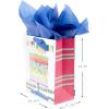 Hallmark Signature Studio 10″ Large Square Gift Bag with Tissue Paper (Happy Birthday) Teal, Gray, Pink, Blue on White(Birthday Cake)