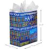 Hallmark Signature Studio 10″ Large Square Gift Bag with Tissue Paper (Happy Birthday) Teal, Gray, Pink, Blue on White(Blue Happy Birthday)