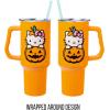 Silver Buffalo Rainbow Brite and Twink Sparkle Stainless Steel Tumbler with Handle and Straw, Fits in Standard Cup Holder, 40 Ounces(Hello Kitty Jack-O-Lantern)
