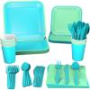 Crayola Color Pop Cool Rainbow Stripe Party Supplies (12 Dinner Plates, 12 Dessert Plates, 12 Paper Cups, 24 Napkins, 12 Sets of Plastic Cutlery) for Birthdays, Baby Showers (5CLP1009)(Sea Green  Aquamarine Blue)