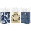 Hallmark 13″ Large Holiday Gift Bags with Handles (3 Metallic Bags: Gold with Snowflakes, Rose Gold, Silver Wreath) for Christmas, Hanukkah, Weddings,(Navy  Gold)
