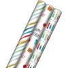 Hallmark Recycled Wrapping Paper with Cutlines on Reverse (3 Rolls: 60 Sq. Ft. Ttl) Red, Blue, Green, Gold Stripes, Candles, “Happy Birthday” for Kids and Adults(Stripes  Presents  Birthday Candles)