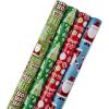 Hallmark Reversible Christmas Wrapping Paper Bundle, Elegant Blue and Gold (4 Rolls: 150 sq. ft. ttl.) Dark Blue, Gold, Teal Snowflakes, Peace, Stripes, Geometric(Santa and Trees)