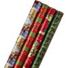 Hallmark Reversible Christmas Wrapping Paper Bundle, Elegant Blue and Gold (4 Rolls: 150 sq. ft. ttl.) Dark Blue, Gold, Teal Snowflakes, Peace, Stripes, Geometric(Traditional Christmas)